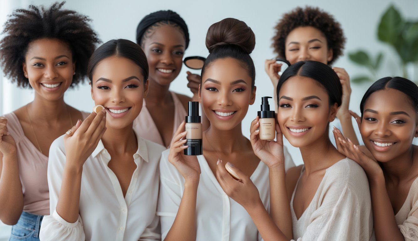 Sekelompok wanita muda dengan kulit bercahaya alami sedang menggunakan dan memegang produk kosmetik di latar belakang yang bersih dan terang.