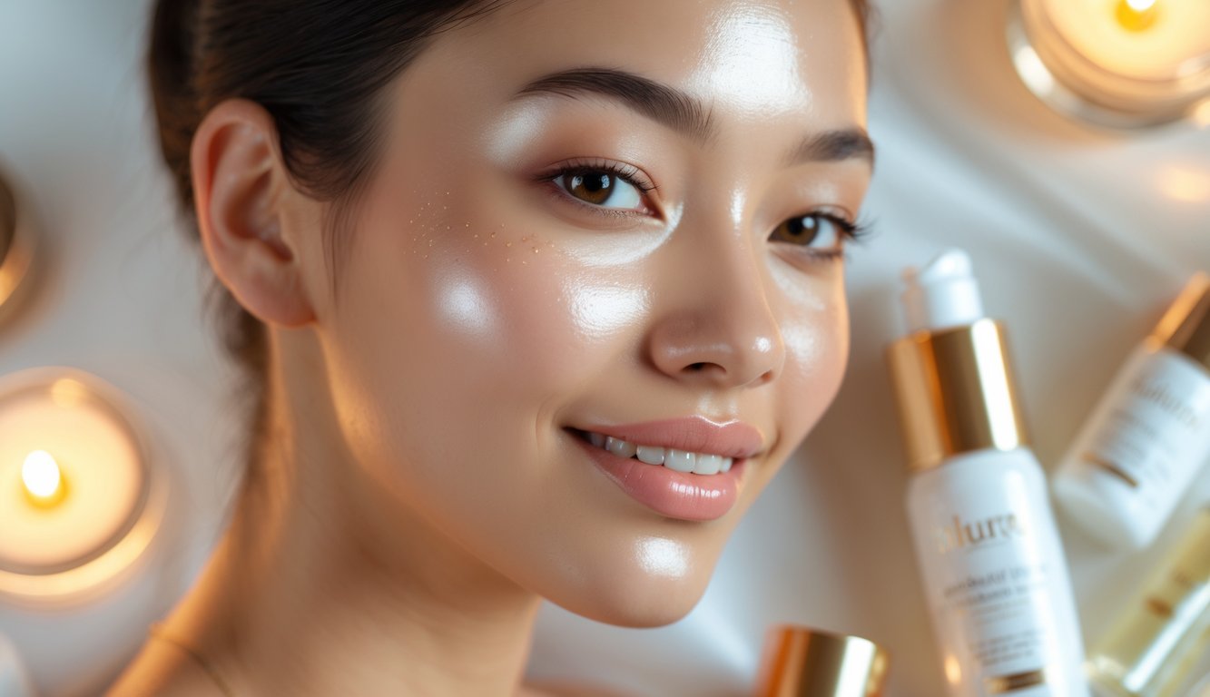 Seorang wanita muda tersenyum dengan kulit wajah yang bercahaya alami, dikelilingi produk kosmetik di meja putih.