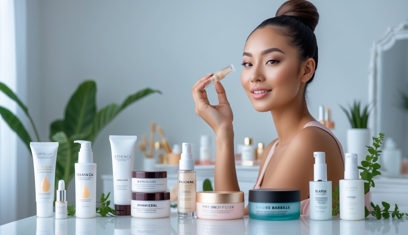 Seorang influencer kecantikan sedang memegang dan menggunakan produk kosmetik terbaru di area rias yang terang dan rapi.