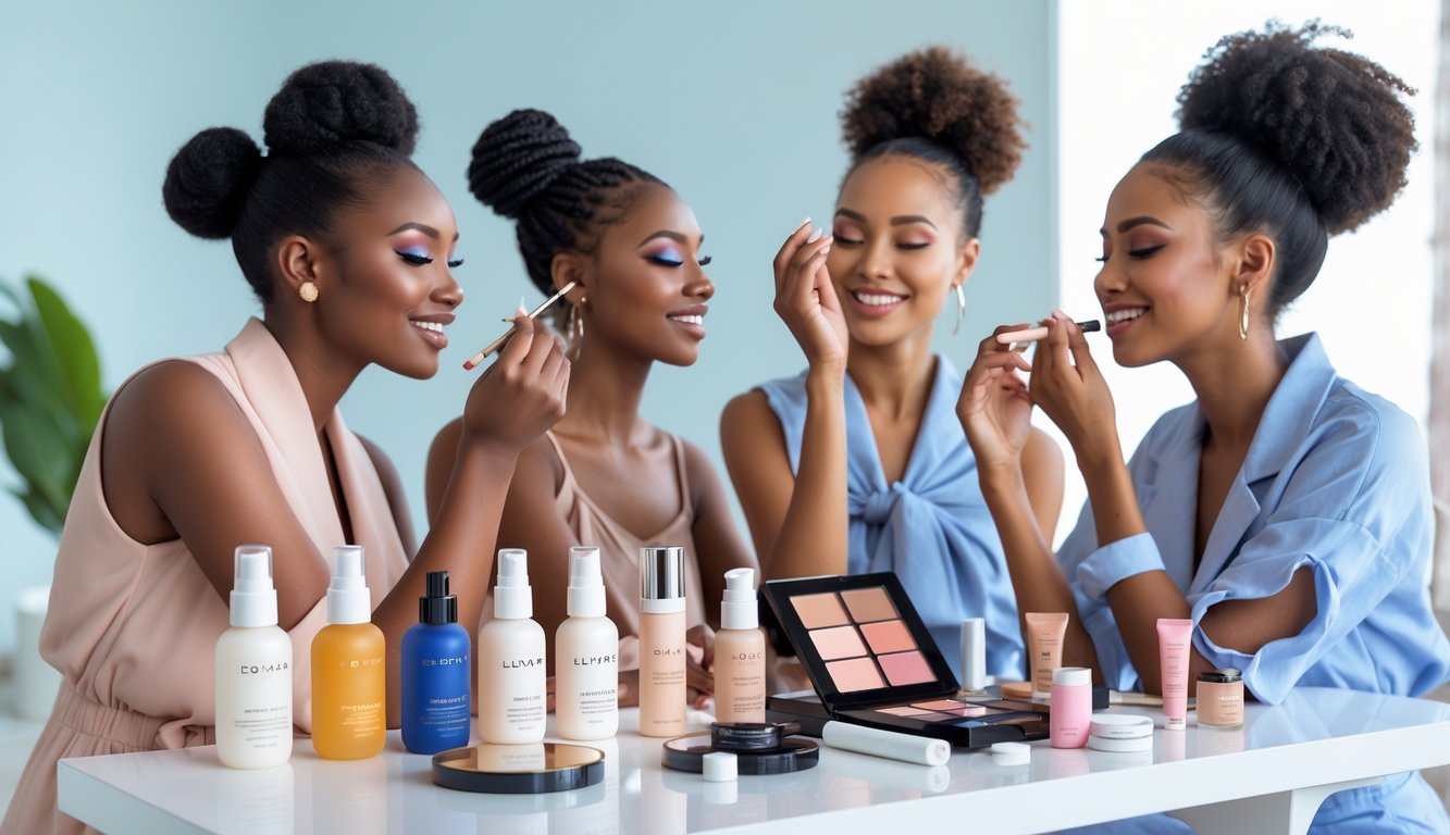 Sekelompok influencer kecantikan sedang menggunakan dan menunjukkan produk kosmetik terbaru di studio yang terang dan modern.