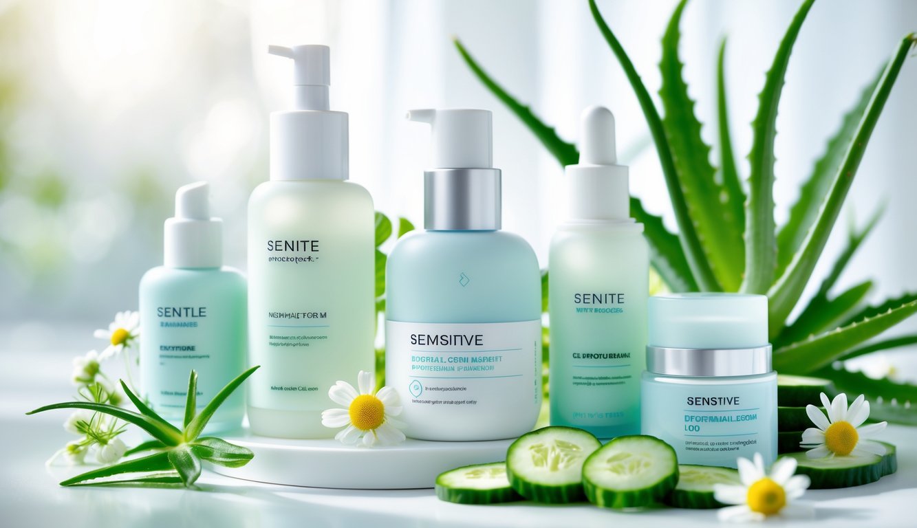 Beberapa produk perawatan kulit dengan bahan alami seperti lidah buaya dan bunga chamomile di atas permukaan putih, menunjukkan perawatan untuk kulit sensitif dan bebas iritasi.