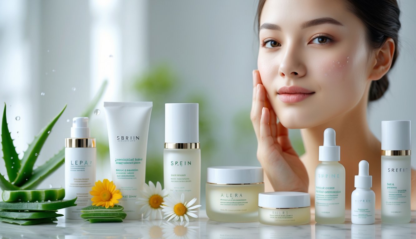 Seorang wanita muda dengan kulit bersih dan sehat menyentuh pipinya dengan lembut, dikelilingi oleh produk kosmetik di atas meja putih dengan latar belakang cahaya alami.