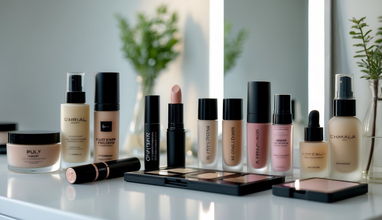 Berbagai produk kosmetik makeup sehari-hari yang tahan lama tersusun rapi di atas meja dengan latar belakang cermin dan tanaman hijau.