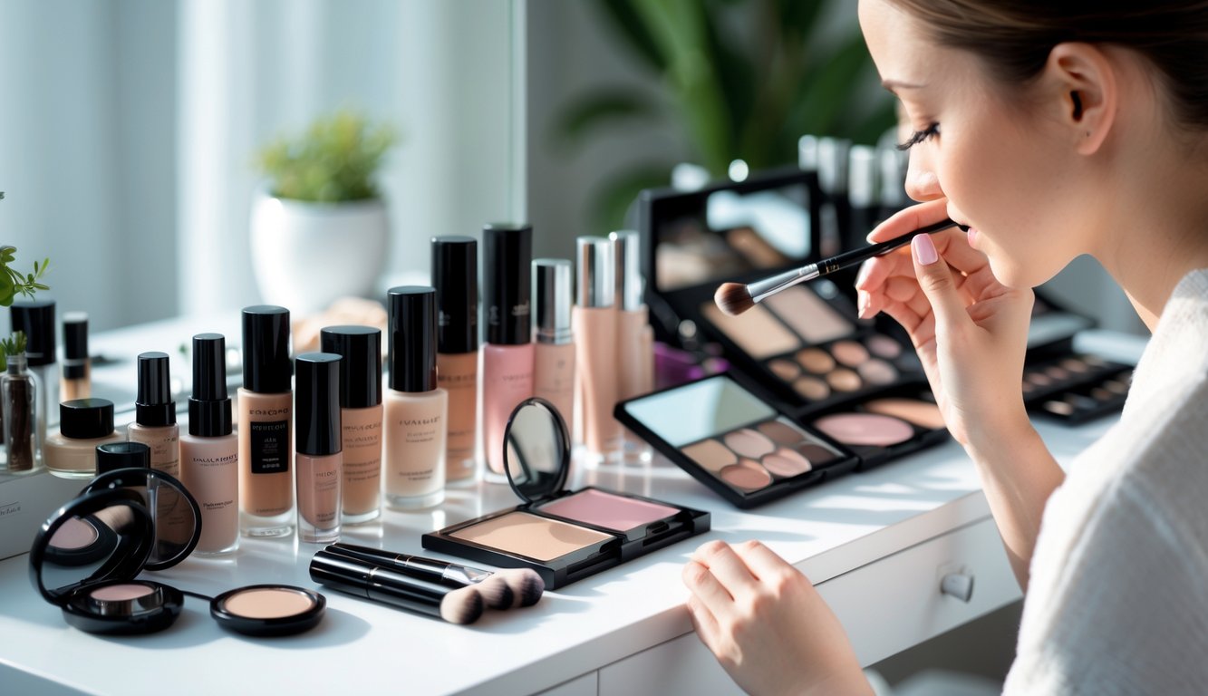 Seorang wanita sedang mengaplikasikan makeup di meja rias dengan berbagai produk kosmetik tertata rapi.