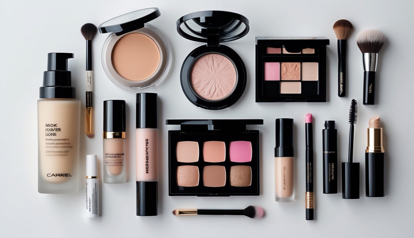 Foto produk kosmetik terbaik yang disusun rapi di atas latar putih, menampilkan berbagai alat rias seperti foundation, lipstik, dan kuas makeup.