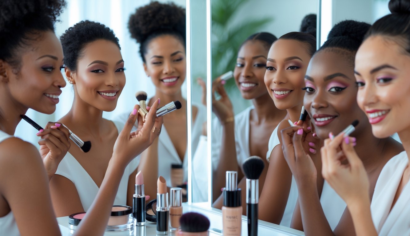 Sekelompok wanita dengan kulit mulus sedang menggunakan dan menunjukkan produk kosmetik di area rias yang terang dan modern.