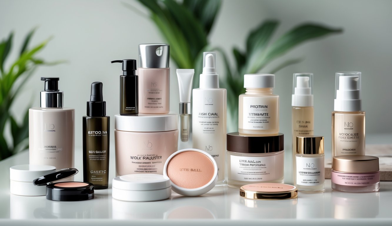 Berbagai produk kosmetik berkualitas tinggi tersusun rapi di atas permukaan putih dengan tanaman hijau di latar belakang.
