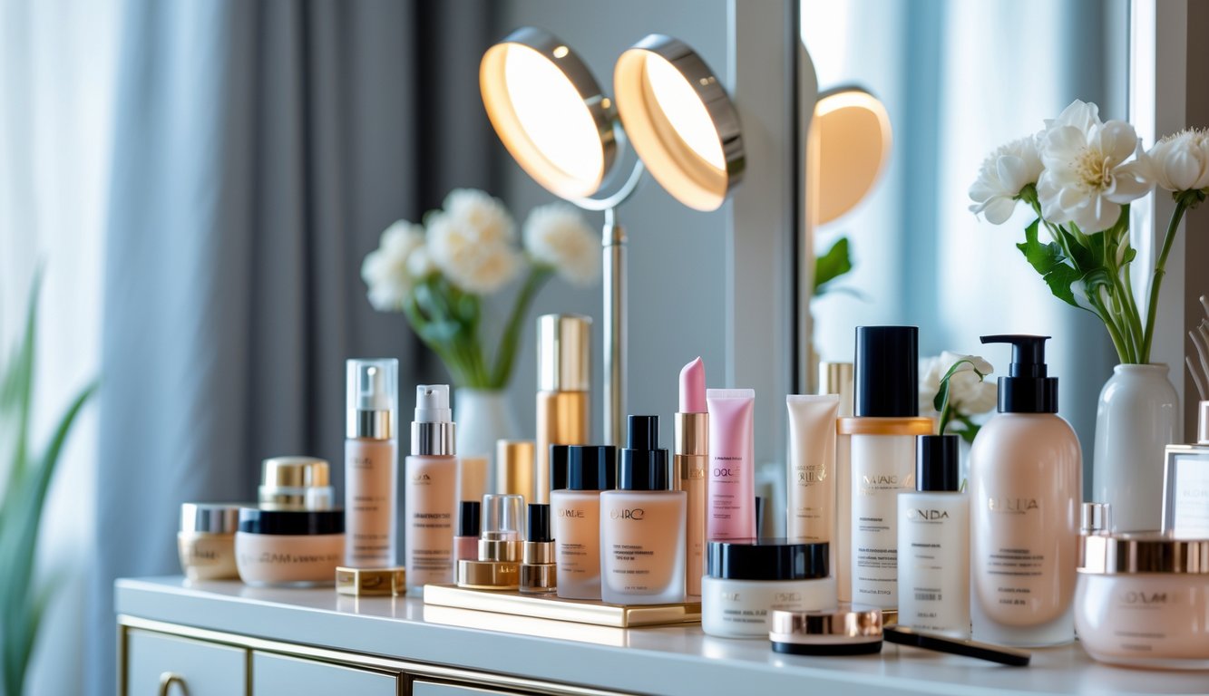 Meja rias modern dengan berbagai produk kosmetik berkualitas tinggi yang tertata rapi, diterangi cahaya alami dari jendela dekatnya.