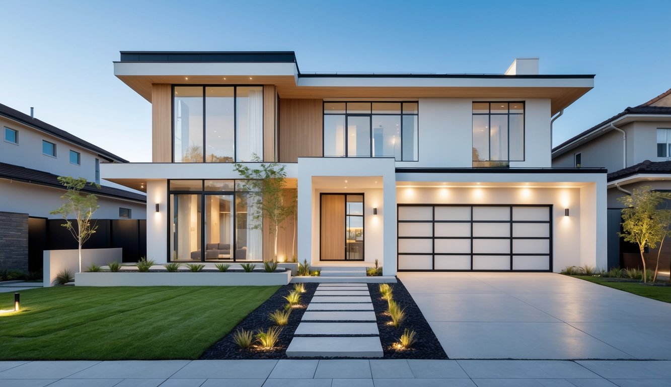 Rumah dua lantai dengan jendela besar dan taman yang rapi di halaman depan pada siang hari.