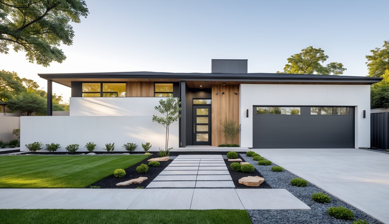 Foto rumah modern dengan taman depan yang rapi dan jendela besar, terlihat dari luar pada siang hari.