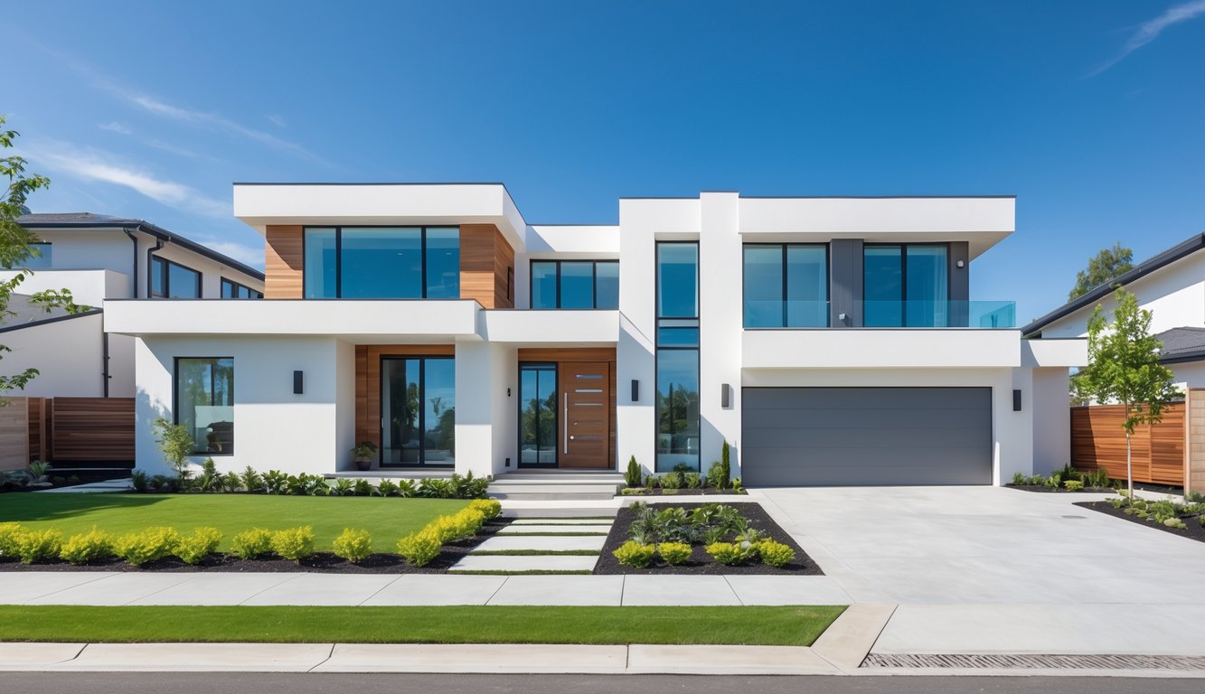 Foto eksterior rumah dengan desain modern dan minimalis, menampilkan jendela besar, atap datar, dan taman yang rapi pada siang hari yang cerah.