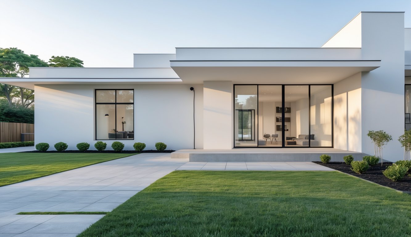 Foto eksterior rumah dengan desain sederhana dan rapi, taman hijau dan jalan setapak menuju pintu masuk.