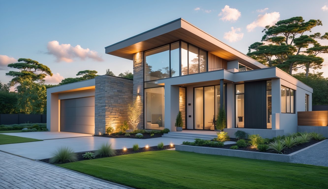 Tampak depan rumah keluarga dengan halaman yang rapi dan tanaman hijau, suasana cerah dan nyaman.