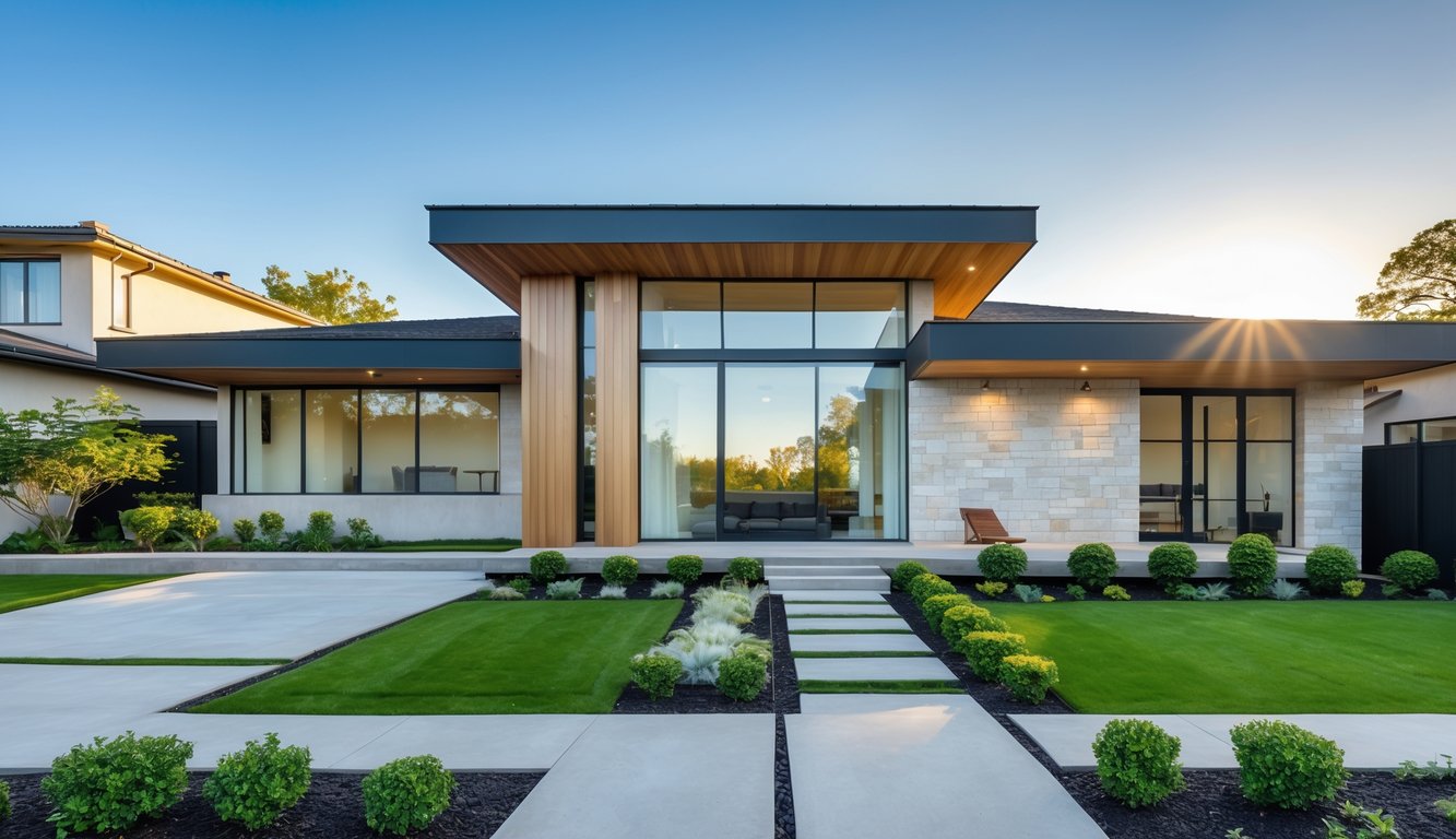 Tampak depan rumah keluarga dengan halaman hijau dan desain modern yang sederhana dan mewah.