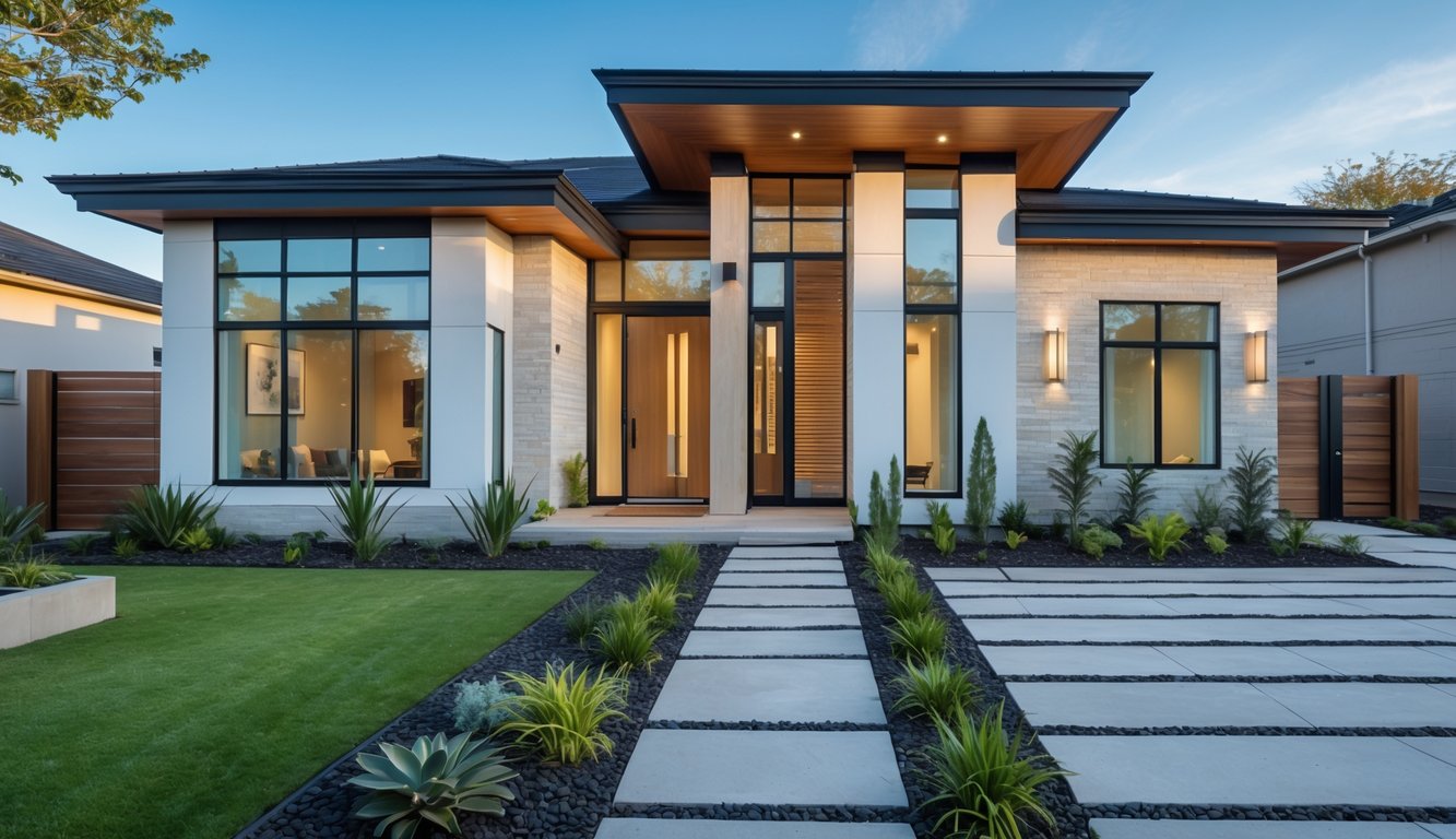 Foto sebuah rumah satu lantai dengan taman hijau di depan dan jalan setapak menuju pintu utama pada siang hari.