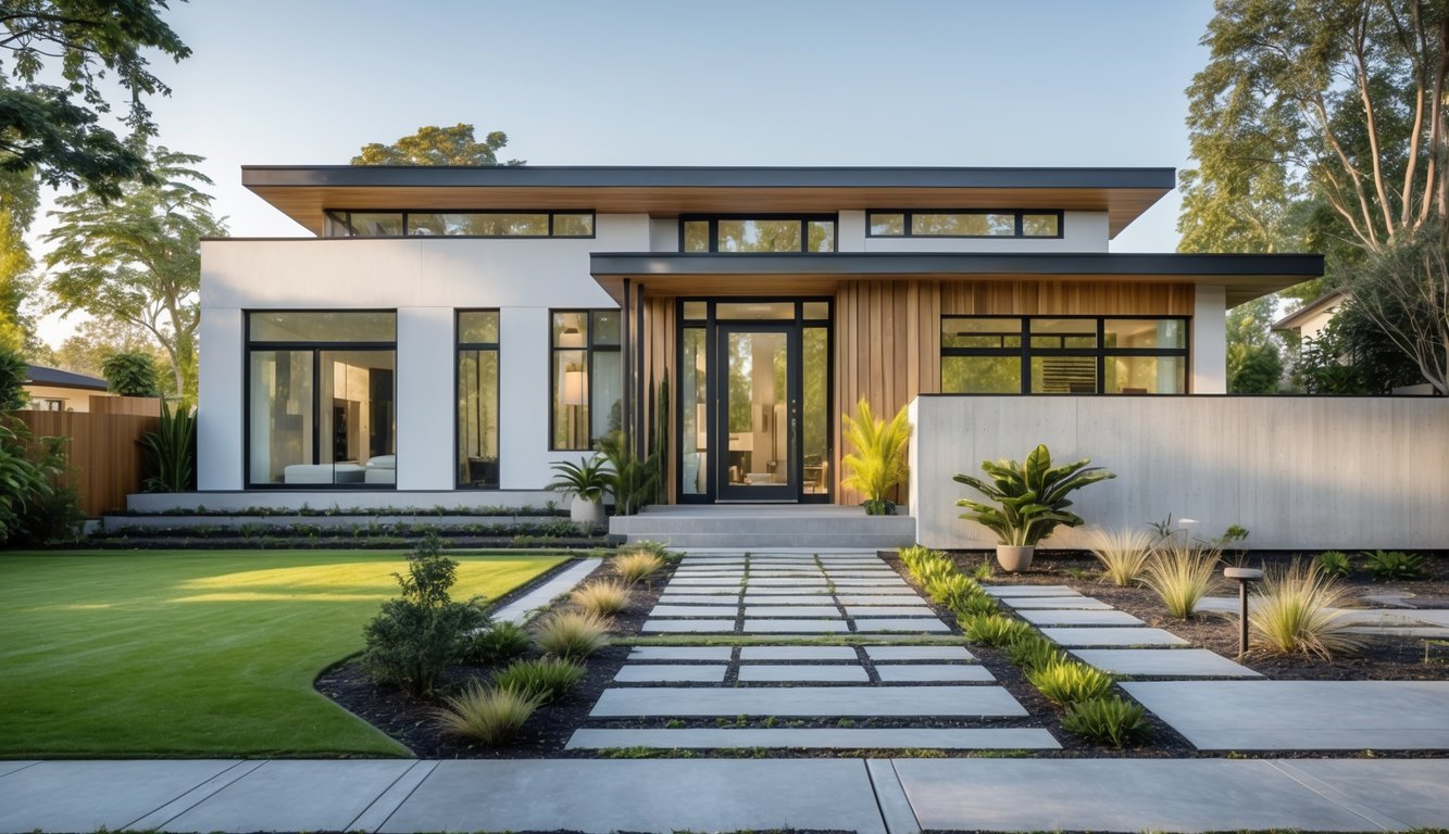 Tampak depan sebuah rumah satu lantai dengan taman hijau dan jalan setapak menuju pintu utama.