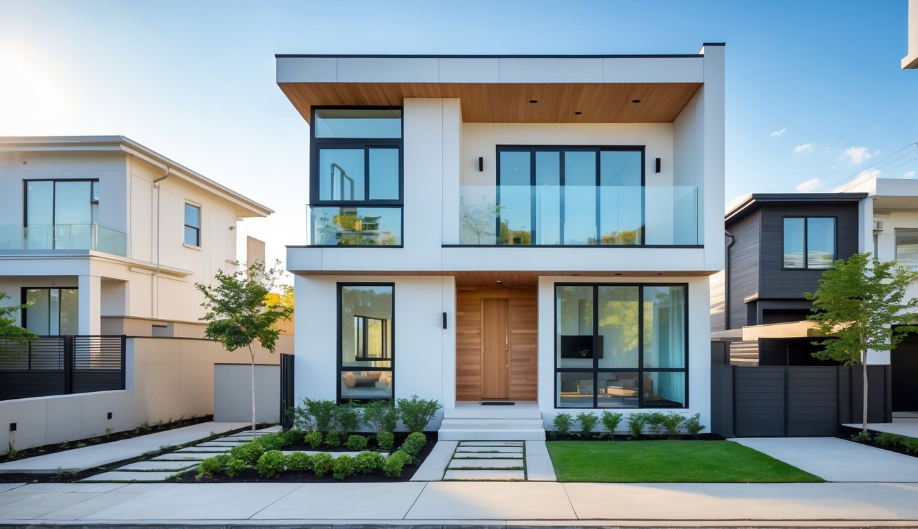 Foto rumah dua lantai dengan lahan sempit, halaman depan kecil dengan tanaman hijau dan jalan setapak menuju pintu masuk.