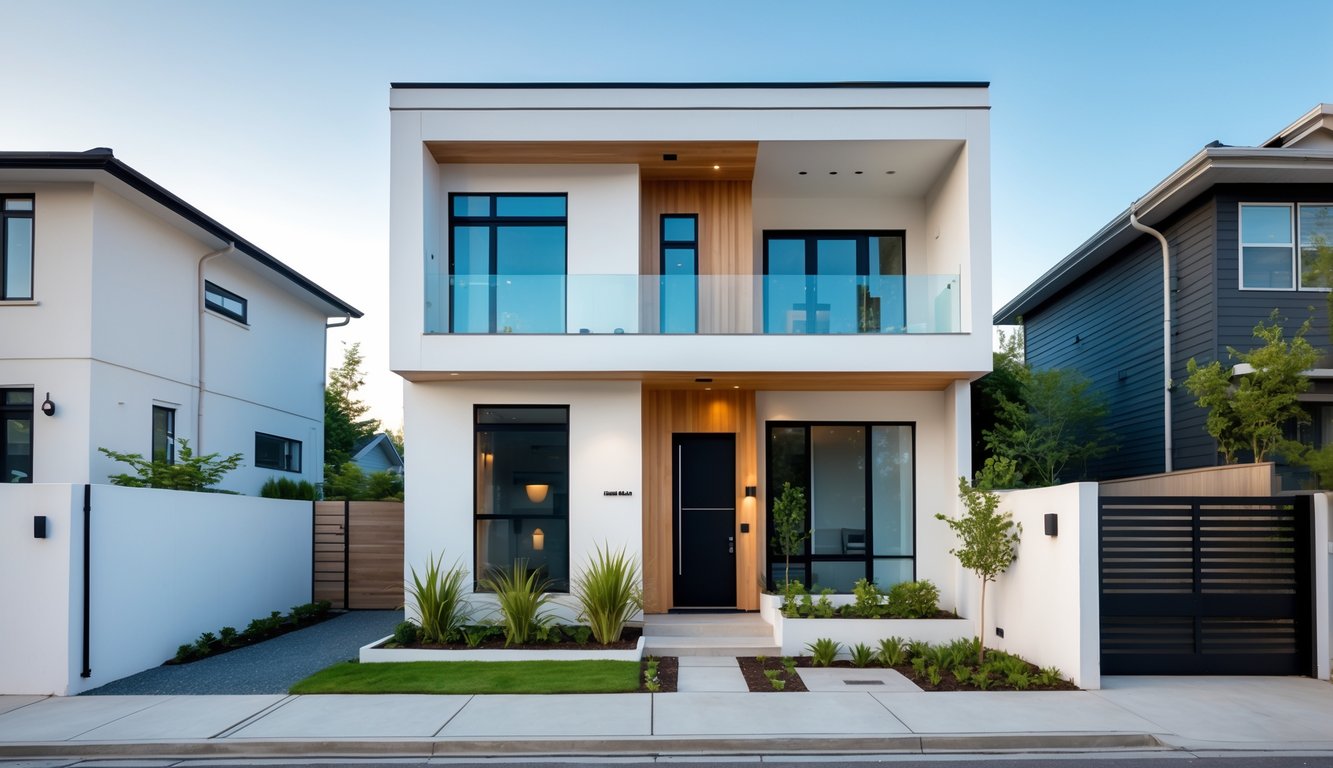 Rumah dua lantai dengan lahan sempit, halaman depan kecil dengan tanaman hijau dan jalur sempit menuju pintu masuk.