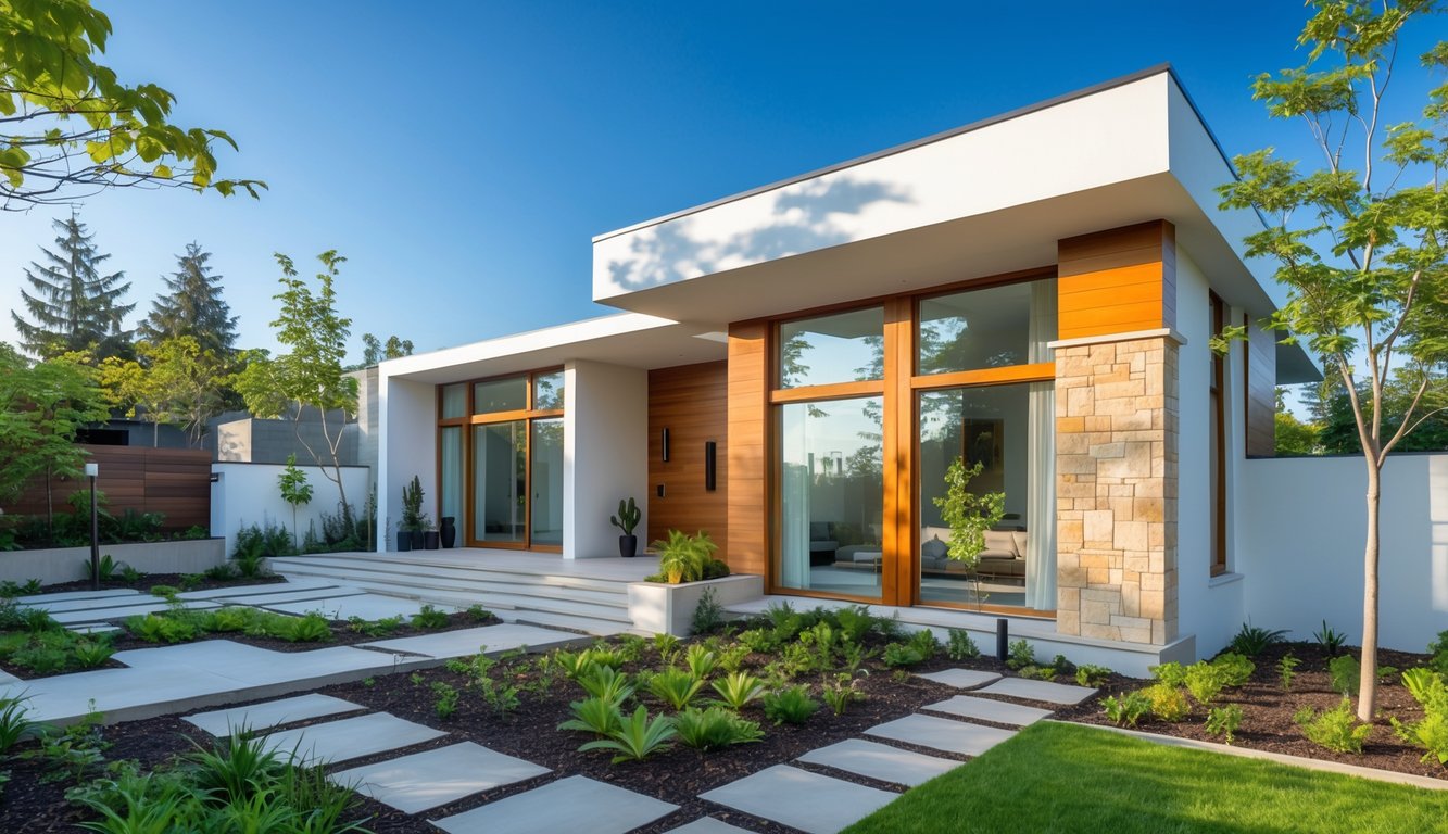 Tampak luar rumah dengan taman hijau dan jendela besar yang memancarkan cahaya alami pada siang hari.