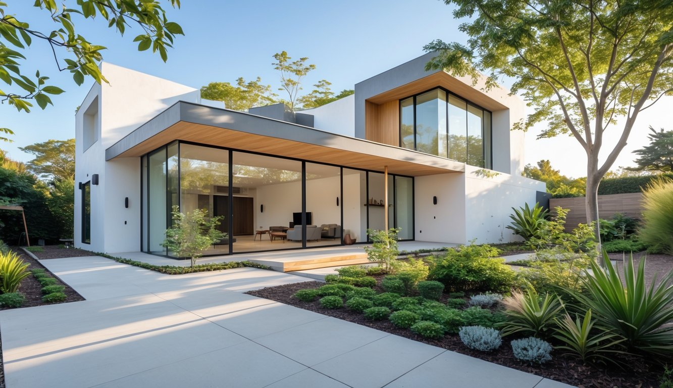 Rumah dengan desain minimalis modern, jendela besar, dan tanaman hijau di sekitarnya pada siang hari.