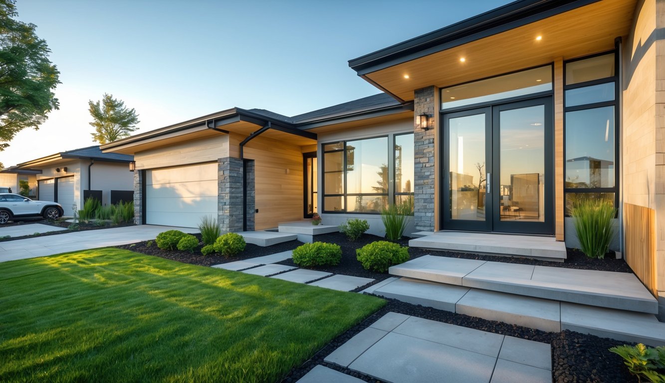 Tampak depan rumah dengan halaman rapi dan jalan setapak menuju pintu masuk.