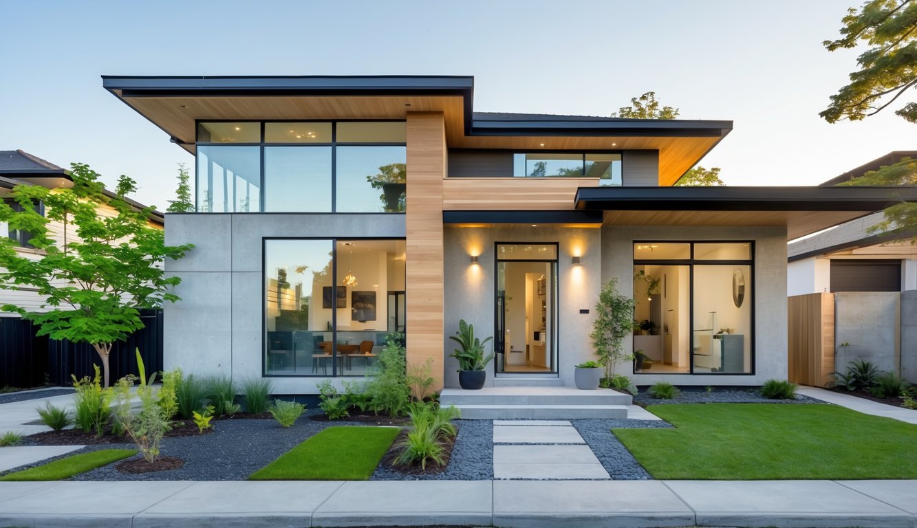 Tampak depan rumah modern dengan jendela besar, taman kecil, dan jalan setapak menuju pintu masuk.