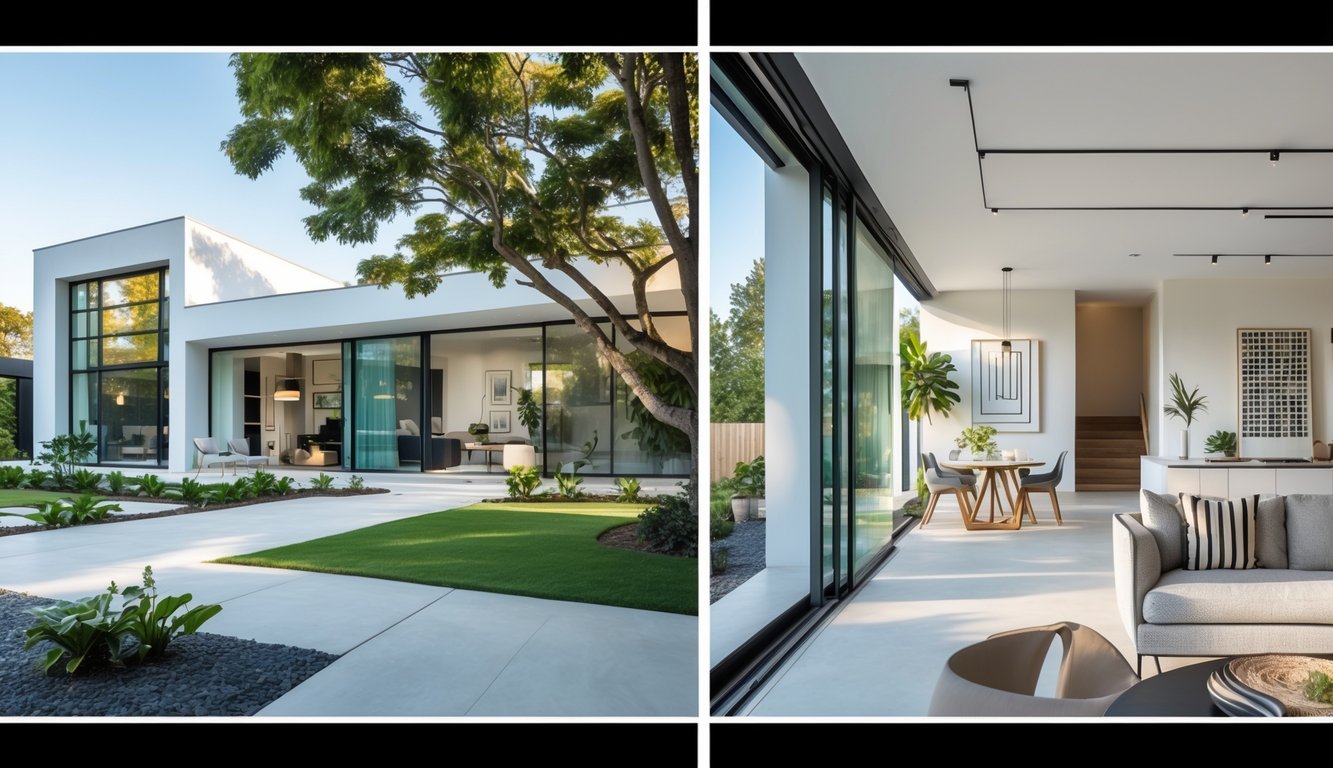 Foto rumah modern dengan bagian dalam dan luar yang terlihat rapi dan terang, menampilkan ruang tamu terbuka dan taman yang terawat.