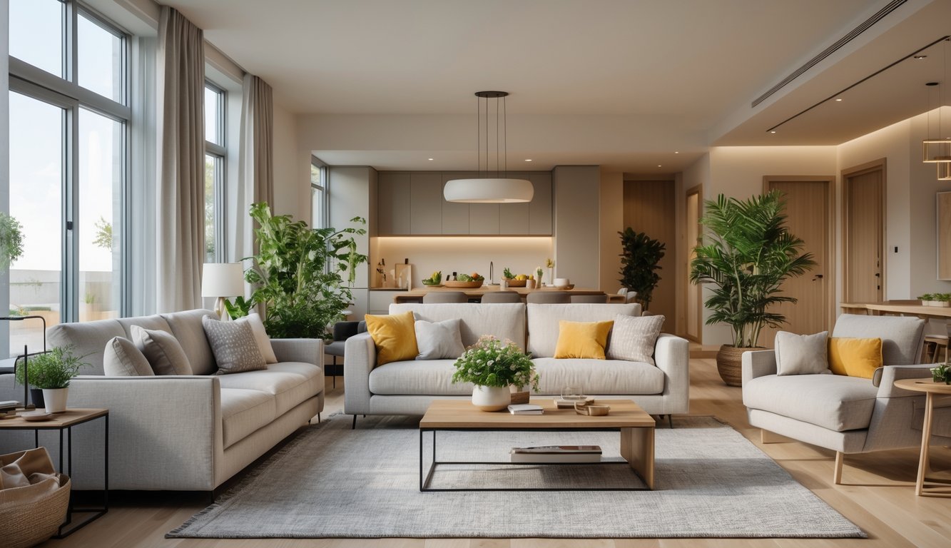 Ruang tamu rumah keluarga dengan sofa nyaman, meja makan, dan pencahayaan alami yang terang.