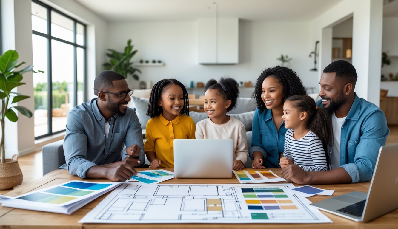 Keluarga sedang berdiskusi di ruang tamu tentang rencana desain rumah dengan denah dan sampel warna di atas meja.
