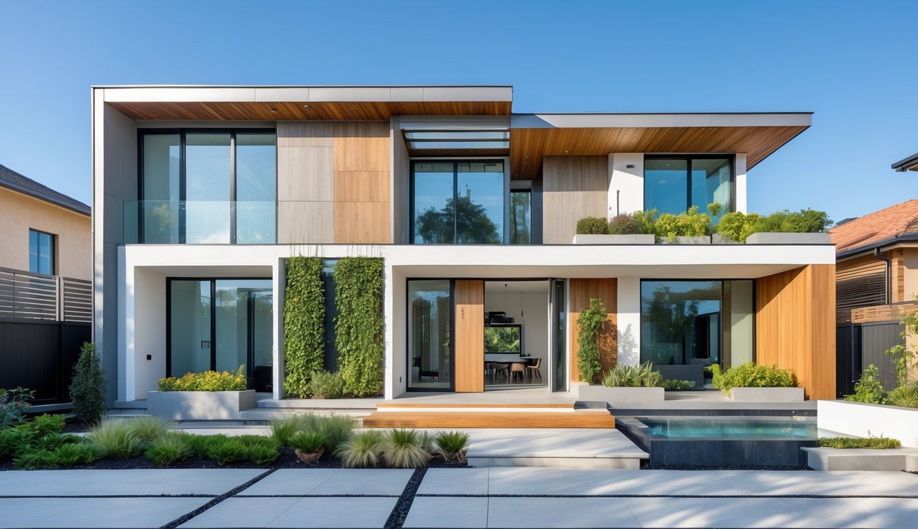 Tampak depan sebuah rumah modern dengan kombinasi warna dan material terbaru, dikelilingi taman minimalis dan langit cerah.
