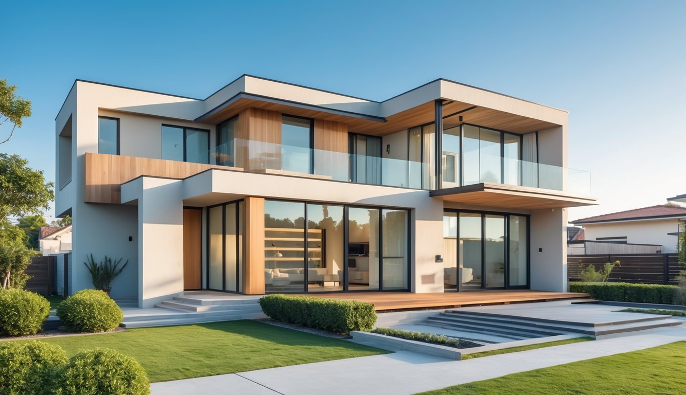 Foto rumah modern dengan jendela besar, taman hijau, dan desain eksterior yang bersih dan rapi pada siang hari.