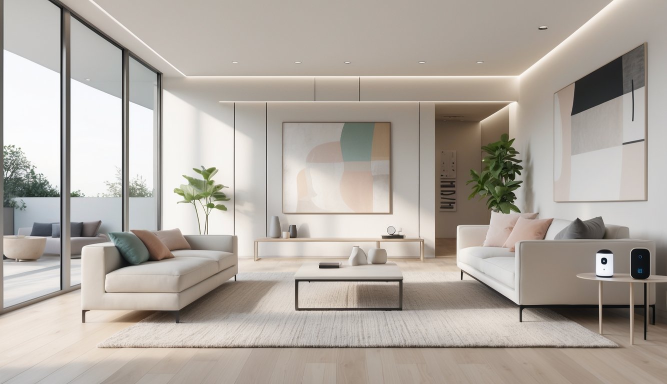 Sebuah ruang tamu dengan sofa, meja kopi, jendela besar, dan dekorasi sederhana yang terang dan rapi.