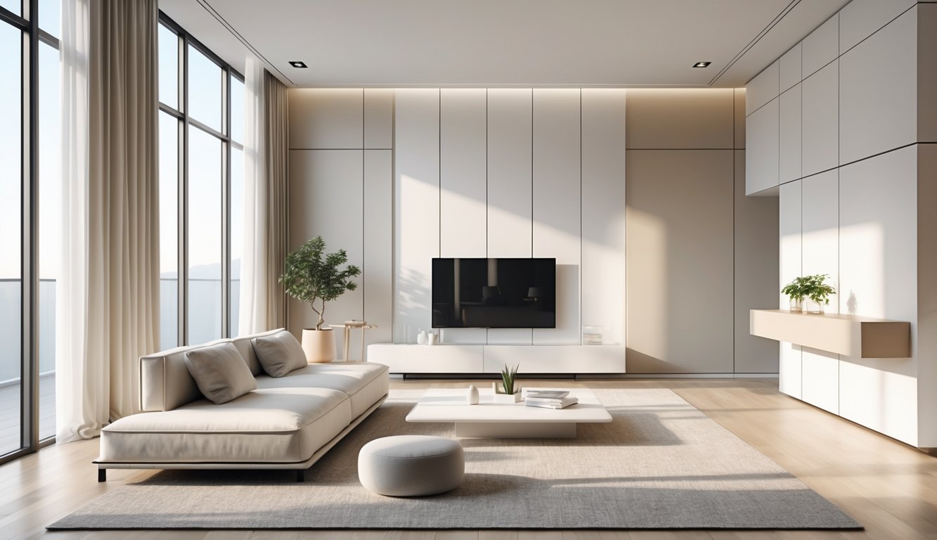 Ruang tamu dengan sofa, meja kopi, jendela besar, dan pencahayaan alami yang terang.