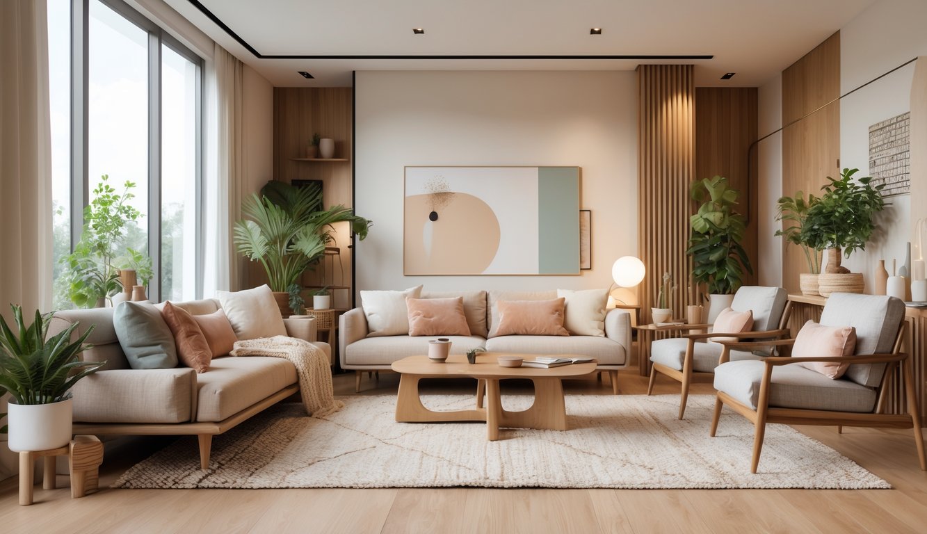 Ruang tamu yang nyaman dengan sofa, meja kopi, tanaman hias, dan pencahayaan alami.