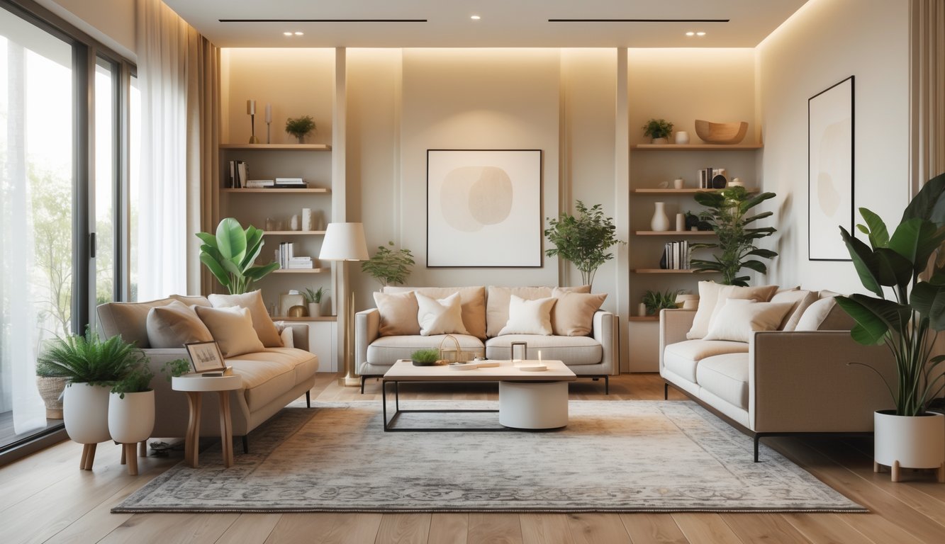 Ruang tamu dengan sofa nyaman, meja kopi, tanaman hias, dan pencahayaan alami yang terang.