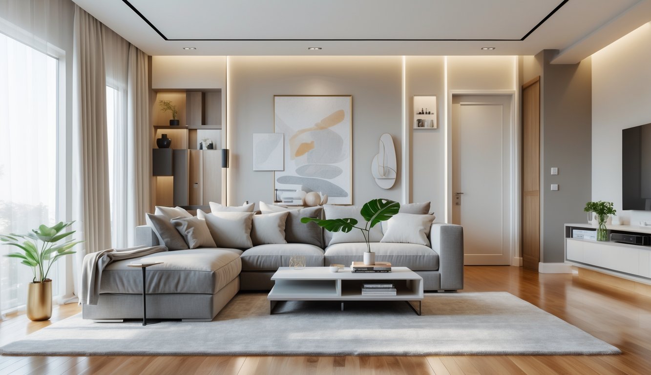 Ruang tamu dengan sofa nyaman, meja kopi, jendela besar yang menerangi ruangan, dan rak penyimpanan yang rapi.