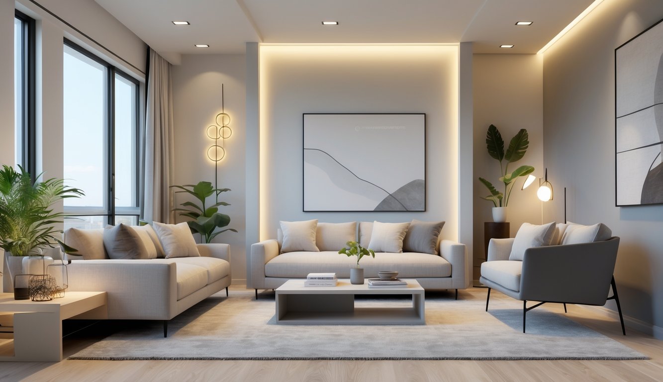 Ruang tamu dengan sofa, meja kopi, jendela besar, dan dekorasi tanaman dalam ruangan.