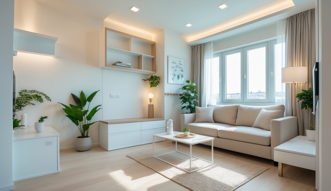 Ruang tamu kecil dengan sofa, meja kopi, jendela besar, dan tanaman hijau yang membuat ruangan terlihat luas dan terang.