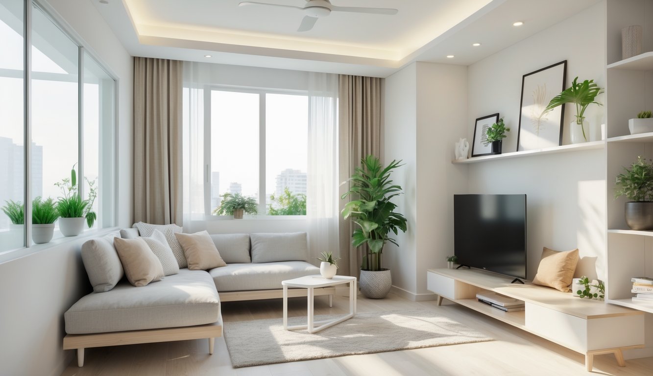 Ruang tamu kecil dengan sofa, meja kopi kecil, jendela besar, dan tanaman hijau yang terlihat terang dan rapi.