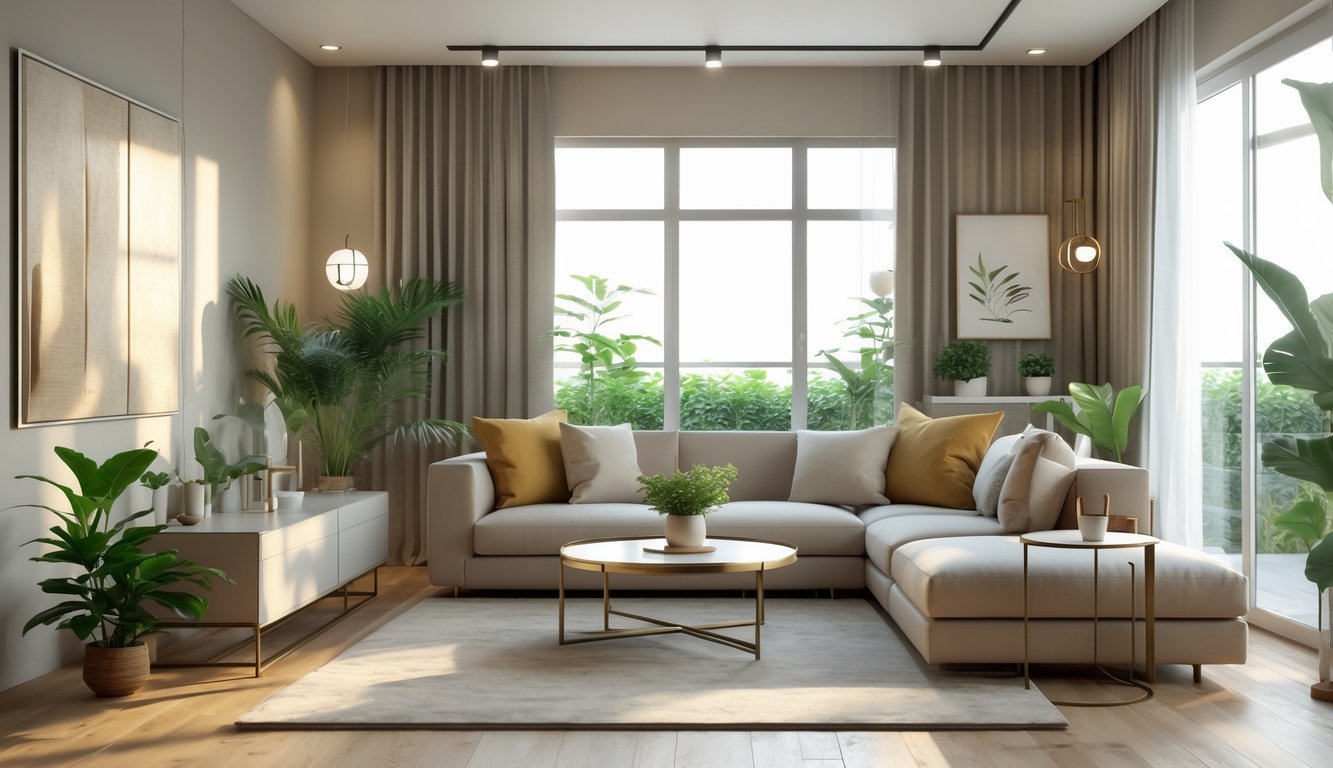 Ruang tamu modern dengan sofa nyaman, meja kopi, tanaman hias, dan jendela besar yang menerangi ruangan.