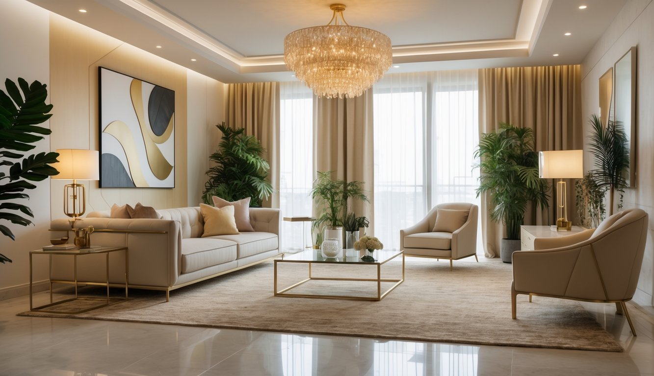 Ruang tamu yang luas dengan sofa besar, kursi aksen, meja kopi kaca, lampu gantung, tanaman hias, dan jendela dengan tirai yang membiarkan cahaya alami masuk.