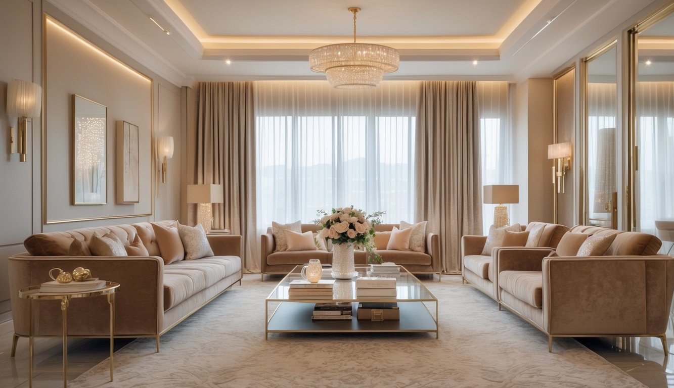 Ruang tamu yang luas dengan sofa besar, meja kopi kaca, jendela besar dengan tirai tipis, dan pencahayaan alami yang lembut.