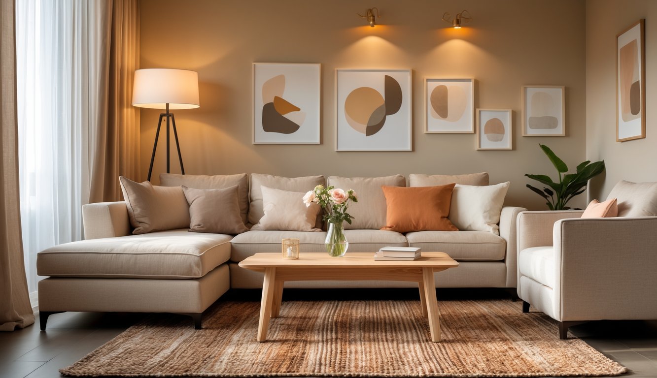 Ruang tamu dengan sofa berwarna netral, meja kayu, lampu berdiri, dan pencahayaan hangat alami.