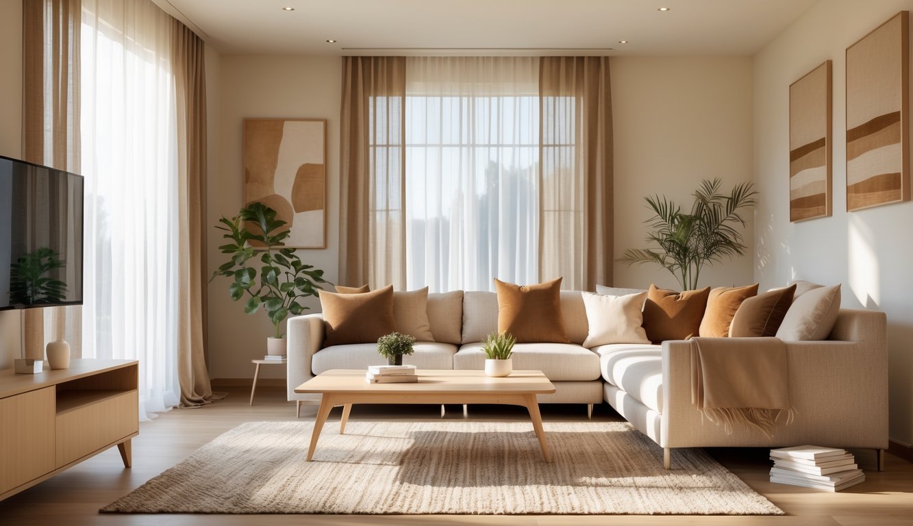 Ruang tamu dengan sofa beige, meja kopi kayu, tanaman kecil, dan jendela besar yang menerangi ruangan.