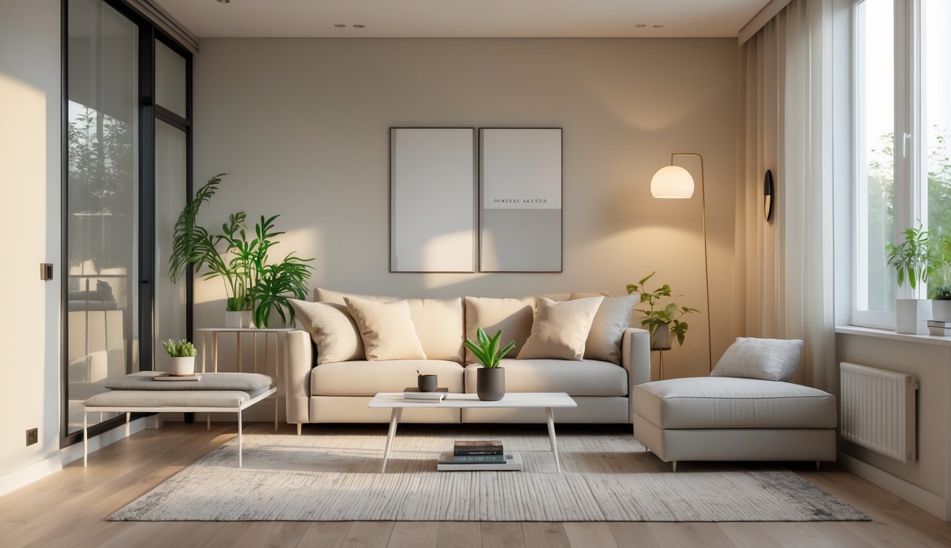 Ruang tamu dengan sofa, meja kopi, lampu lantai, tanaman dalam ruangan, dan jendela besar yang menerangi ruangan.