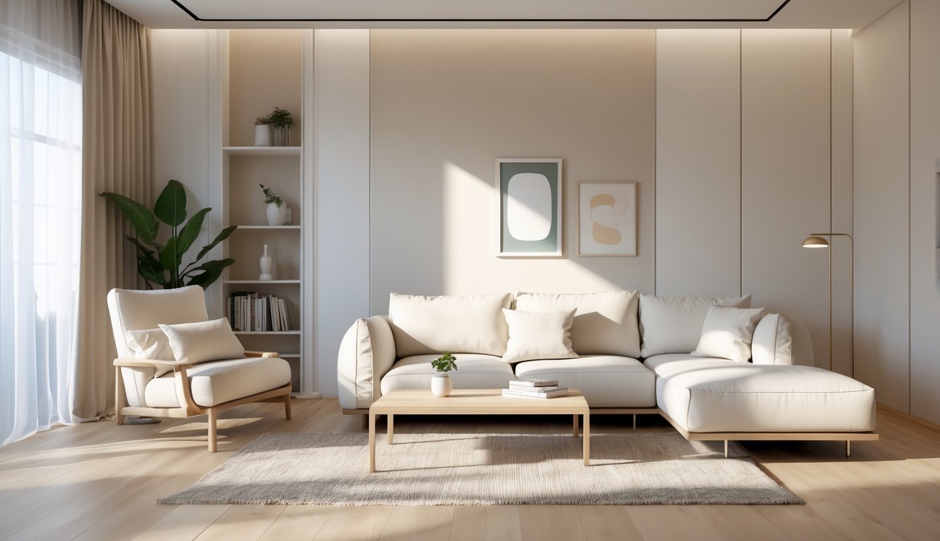 Ruang tamu dengan sofa, meja kopi, tanaman, dan jendela besar yang menerangi ruangan.