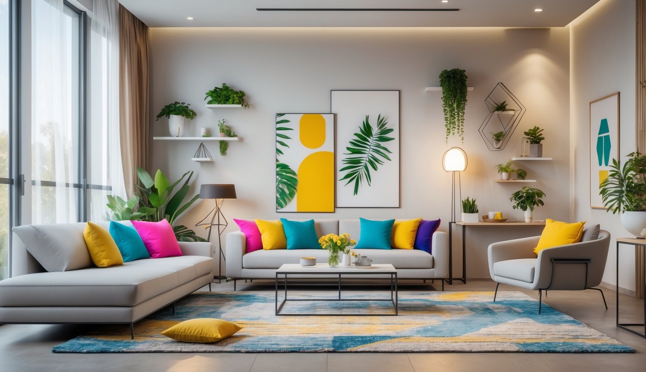 Ruang tamu dengan sofa, meja kopi, tanaman hias, dan jendela besar yang menerangi ruangan.