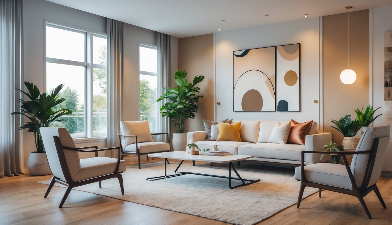 Ruang tamu dengan sofa, meja kopi, kursi, tanaman hias, dan jendela besar yang menerangi ruangan.