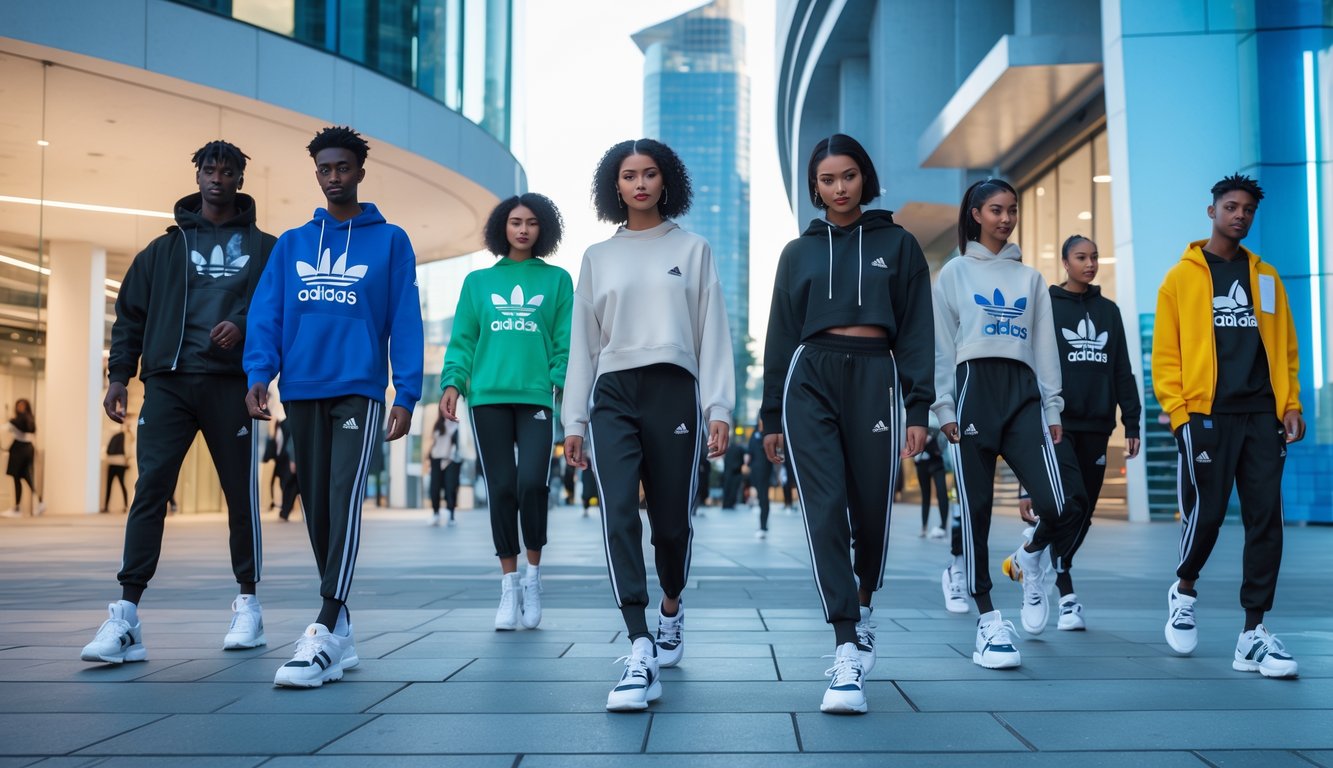 Sekelompok orang muda mengenakan sepatu dan pakaian Adidas terbaru berjalan dan berpose di lingkungan kota modern.