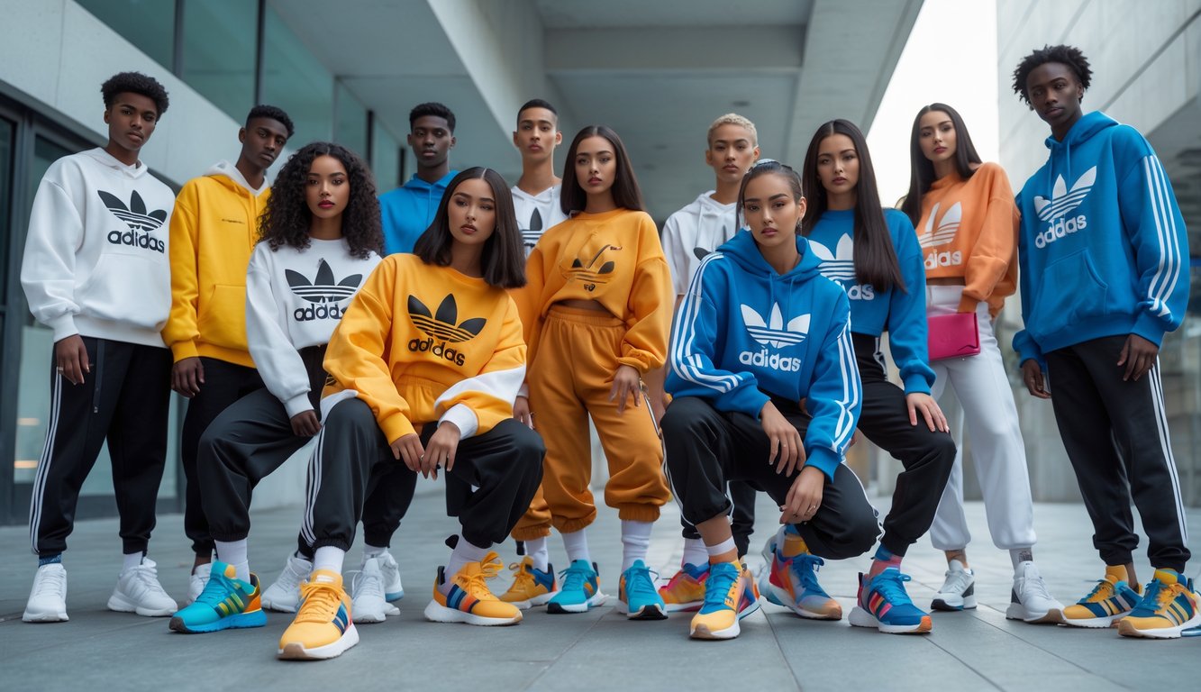 Sekelompok orang muda mengenakan sepatu dan pakaian Adidas terbaru di sebuah lingkungan perkotaan.